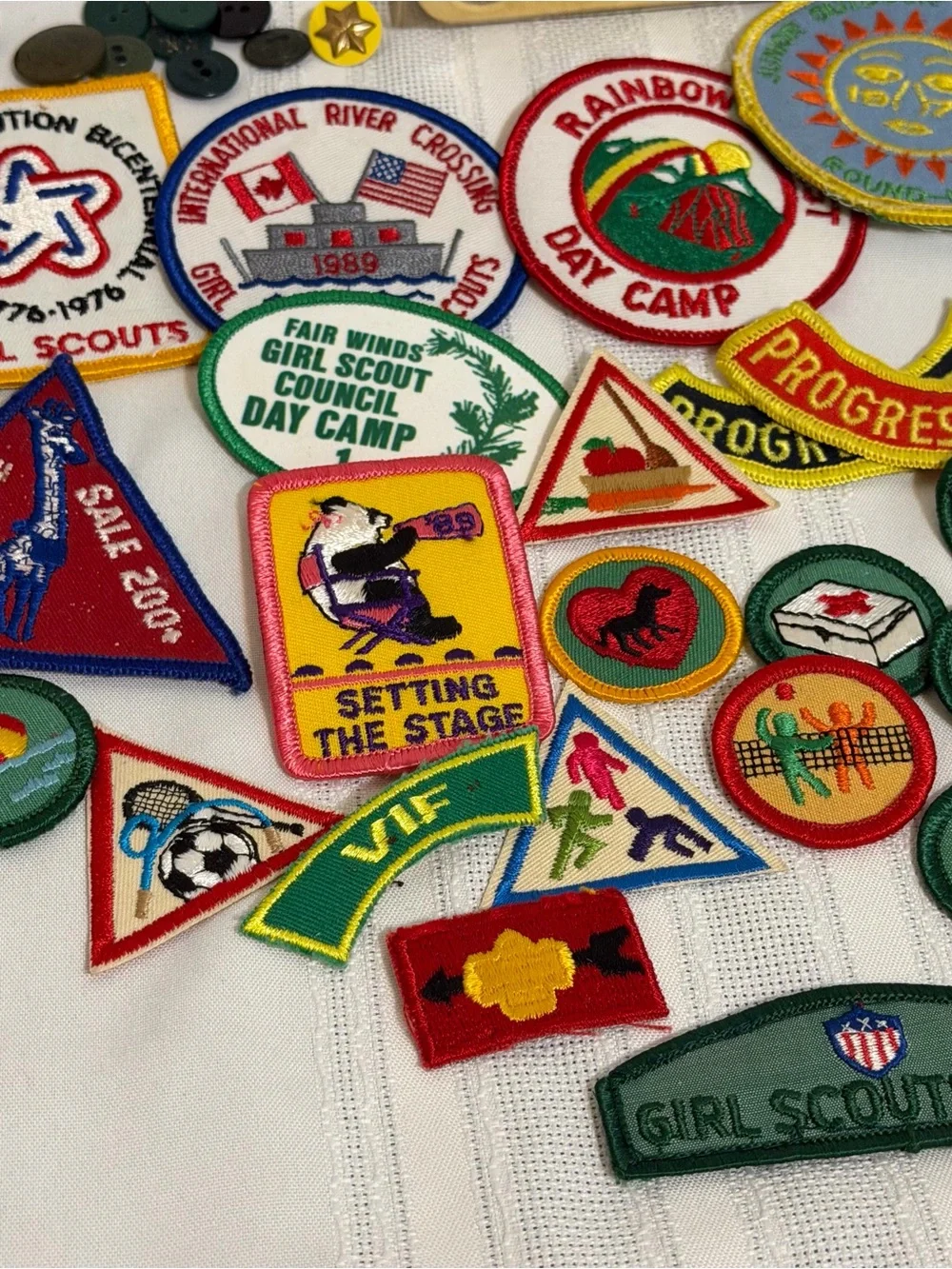 Vintage Girl Scout Patches Pins Badges Uniform Buttons Coin Dispenser